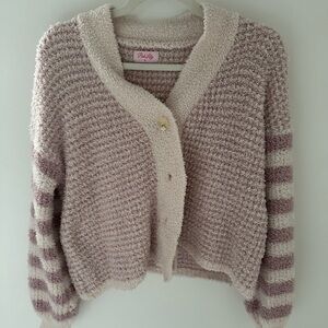 Pink Lily Women's Cream and Pink Striped Sweater